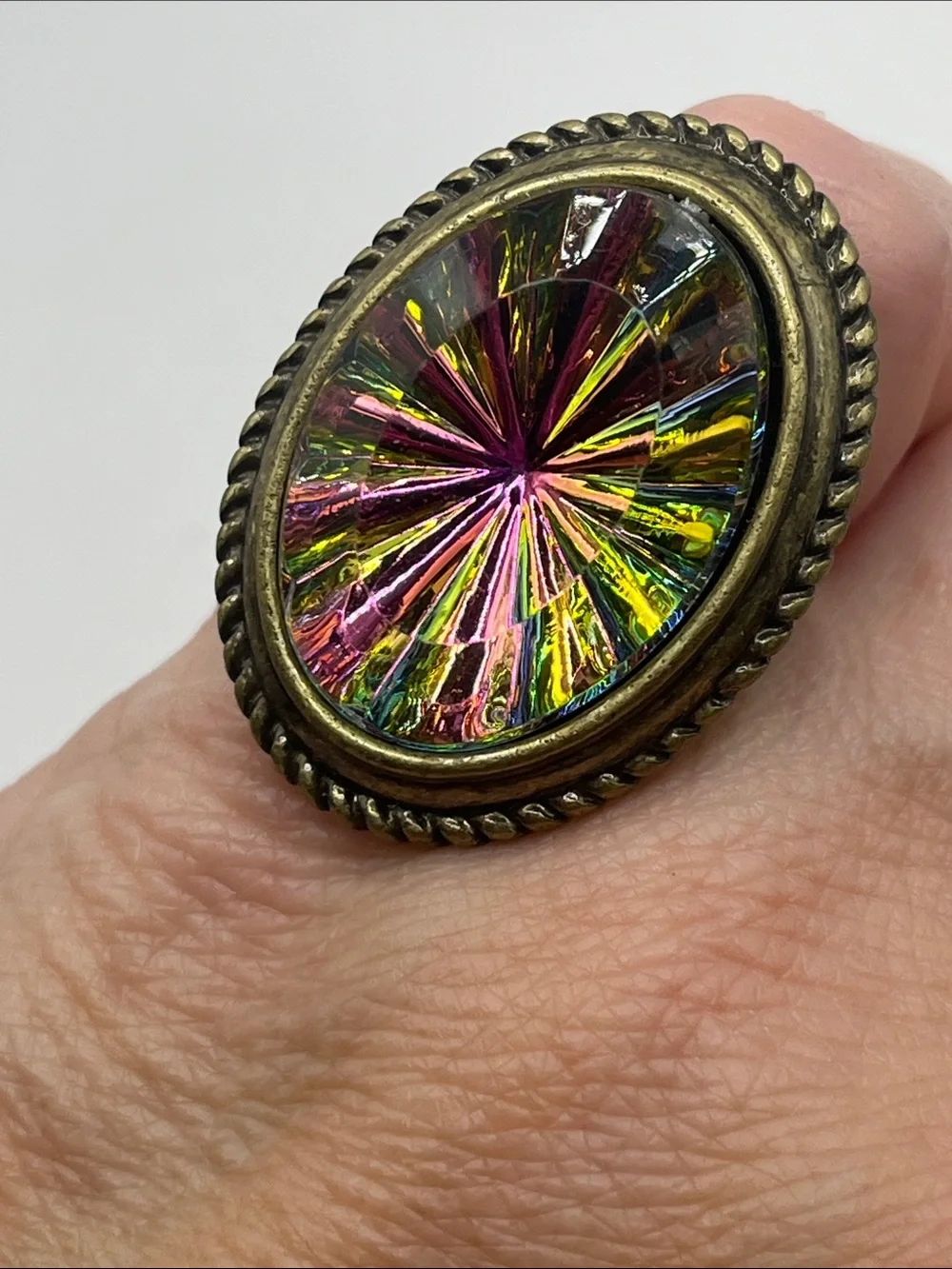 Iridescent Multicolor Oval Statement Ring in Brass-Tone adjustable